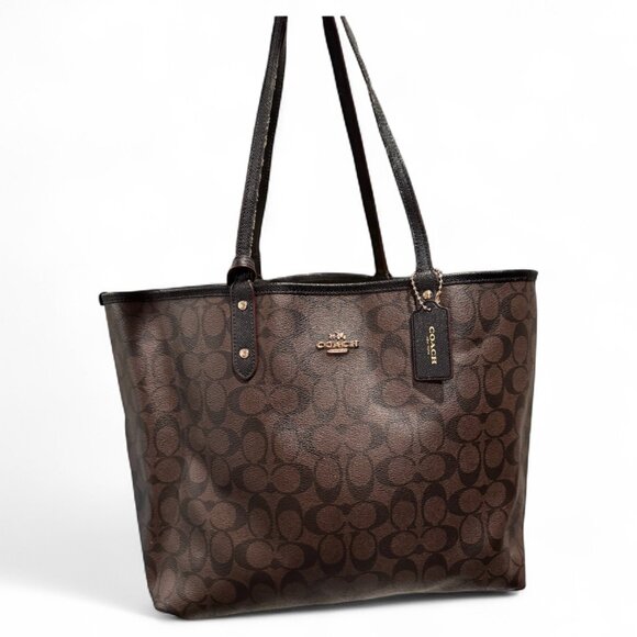 Coach Signature Reversible Tote With Hangtag Brown Khaki Black - Picture 1 of 15